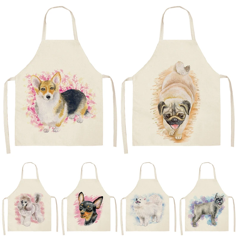 Dog Pug Kitchen Sleeveless Aprons For Women Cotton Linen Bibs Household Cleaning Pinafore Home Cooking Apron 53*65cm WQL0199