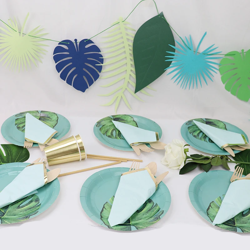 Disposable Kraft Paper Tableware Set – Golden Palm Leaf Pattern Plates, Cups, Napkins, ... - SKU KTS12264 - UGI Packaging