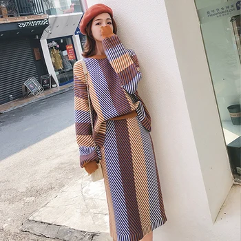

2019 New autumn winter Warm Suit Women Knitted Sweater + elegant Irregular Striped Pencil Skirts 2 Sets yy112