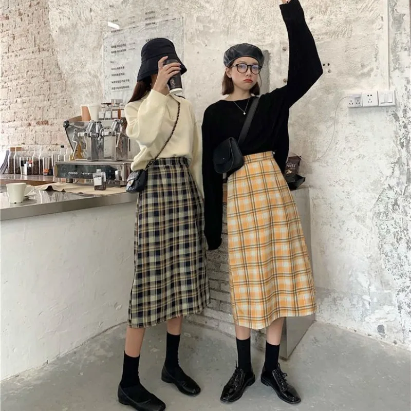 Женская длинная клетчатая юбка Демисезонный Harajuku трапециевидной формы шикарная юбка модные Высокая Талия Винтаж решетки Kawaii юбка saia faldas