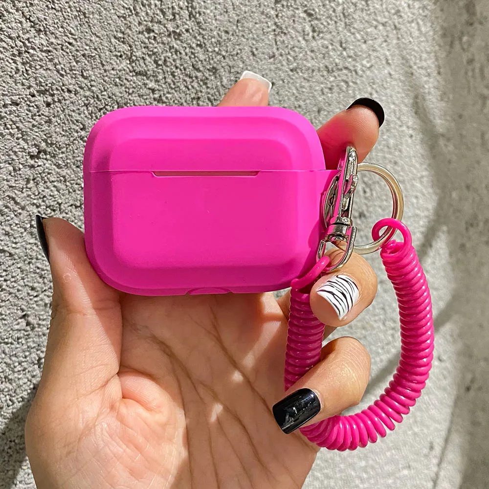 Silicone Solid Color Protective Earphone Cover For Apple Air Pods Pro 1/2 with Spring Flexible Chain Keyring Case