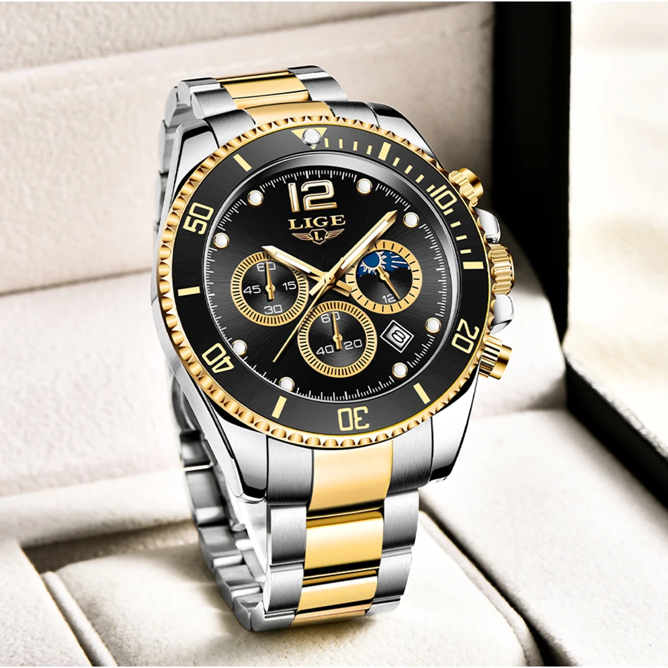 LIGE Watch for Men Top Brand Luxury Clock Casual Stainless Steel Watches Moon Phase Man Chronograph Waterproof Quartz Wristwatch