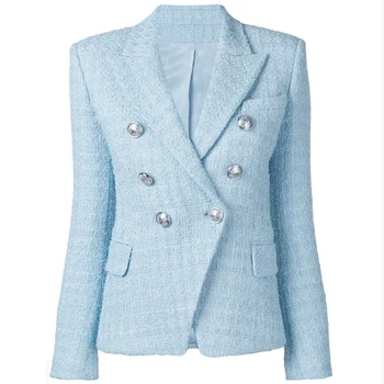 

Fall Winter 2019 Designer Jacket Women's Double Breated Lion Buttons Wool Blend Tweed Blazer