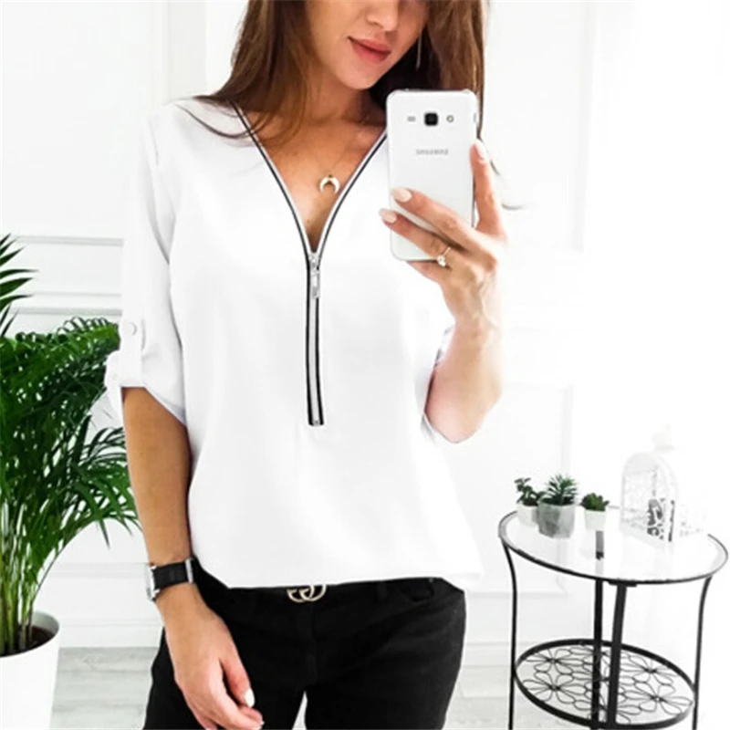 Women Blouses Fashion Ladies Long Sleeve V Neck Blouse Casual Solid Women Zipper Loose Blouse Shirts Tops Female Blouses