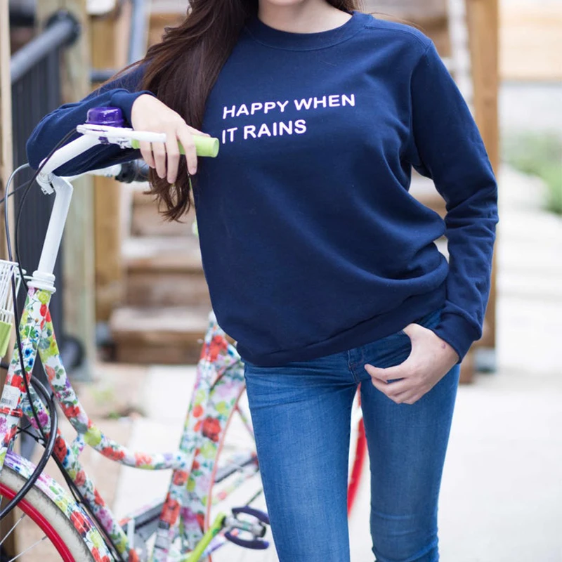 Осенняя Толстовка Womne Happy When It Rains Tumblr saking Осенняя Повседневная Свободная Толстовка уличная желтая Синяя