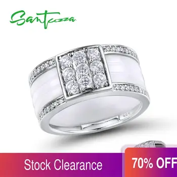 

SANTUZZA Silver Rings For Women Pure 925 Sterling Silver Round White Black Ceramic Cubic Zirconia anillos Vintage Fine Jewelry