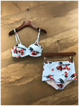 

20 Suit-dress Cherry Printing Camisole Tube Top Bras Briefs Twinset Swimming Suit Suit Woman Swimwear