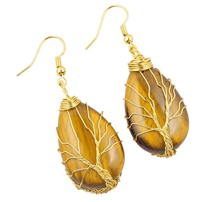 

Light Yellow Gold Color Wire Wrap Tree of Life Water Drop Earrings for Women Many Style Quartz Stone Jewelry