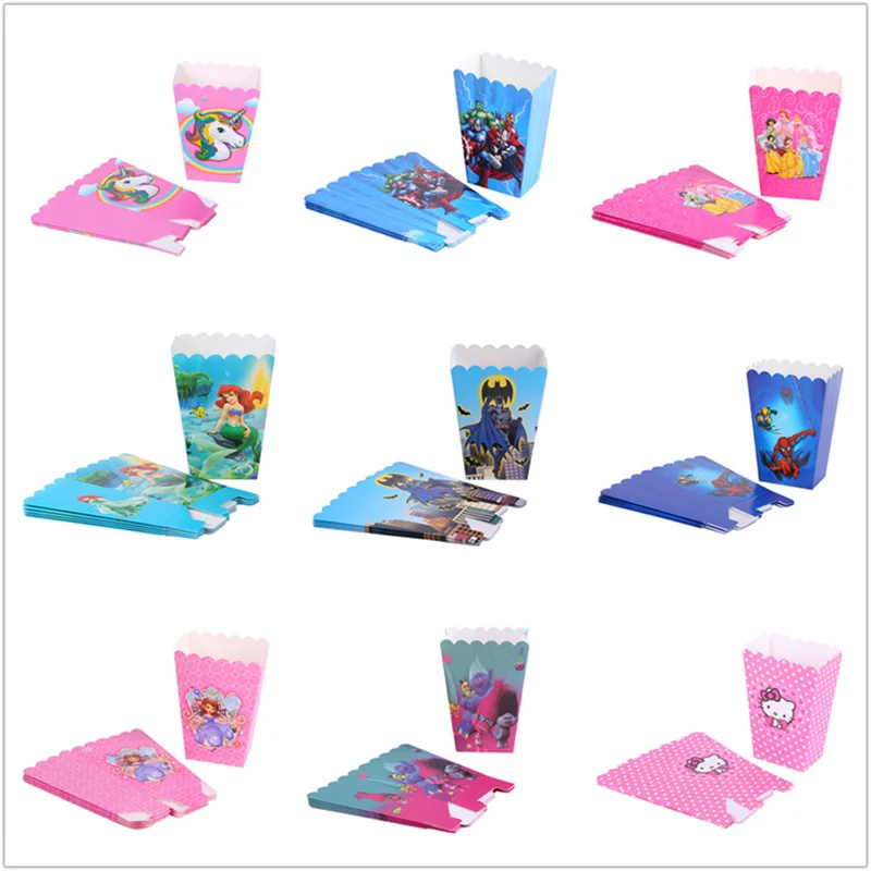 

12pcs/lot Avengers/Superhero/Spiderman/Princess/Unicorn/Mario Popcorn Box Kids Birthday Gift Box Party Decorations Supplies