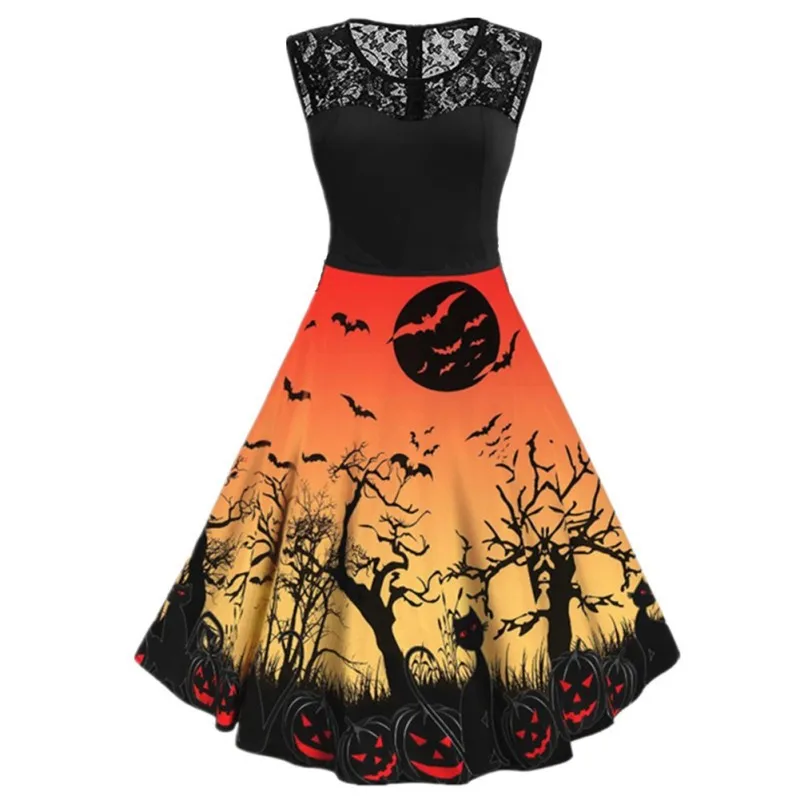 

2020 Women Halloween Stitching Print Round Neck Dress Sleeveless Black S-3XL Size Dresses