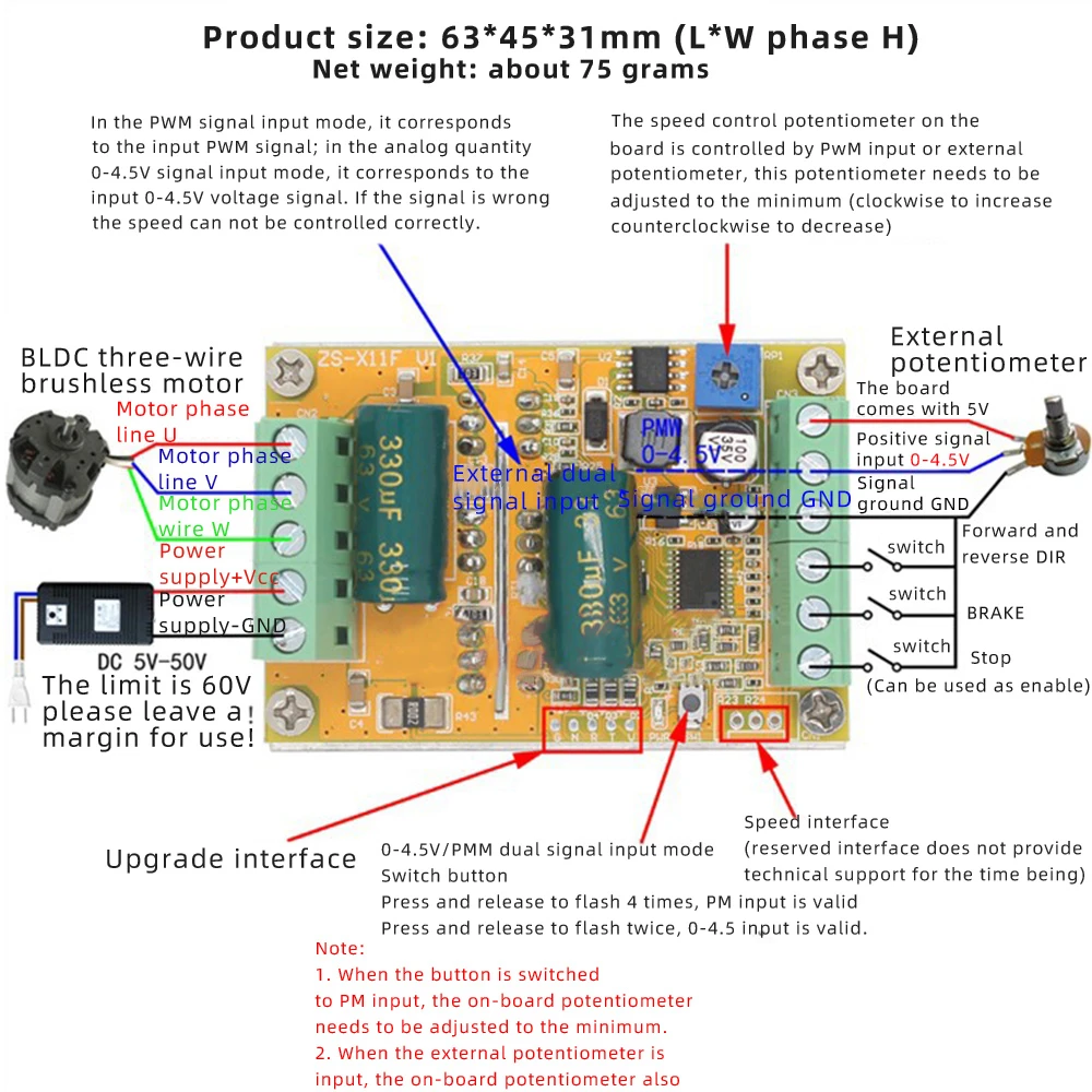 Dc6 5 50v 380w bldc three phase dc brushless motor controller pwm