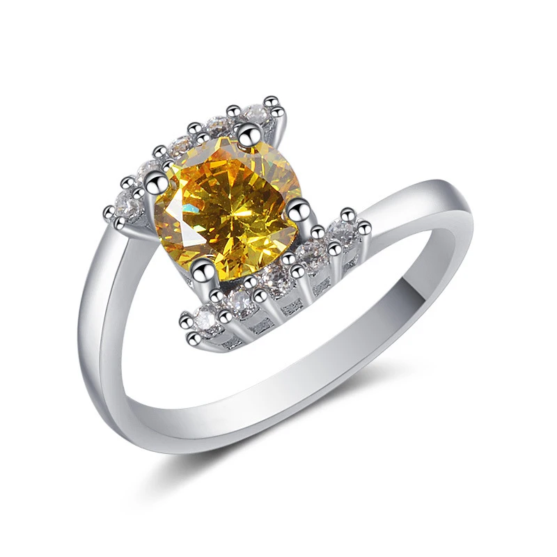 

Trendy Silver 925 Jewerly Ring Round Shape Citrine Zircon Gemstone Ornament Gift for Women Wedding Promise Party Wholesale Rings