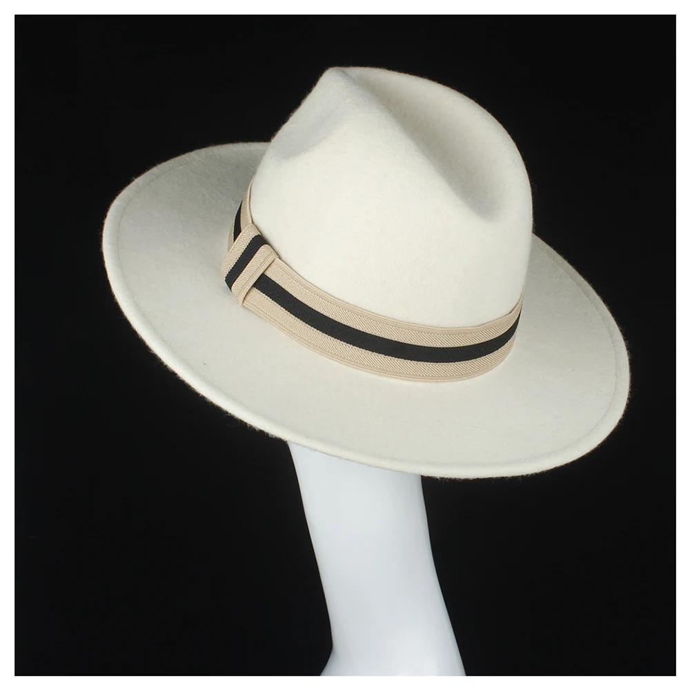 Wool Authentic Women White Fedora Hat Elegant Lady Party Hat Wide Brim Church Hat Fascinator Cap Size 56-58CM