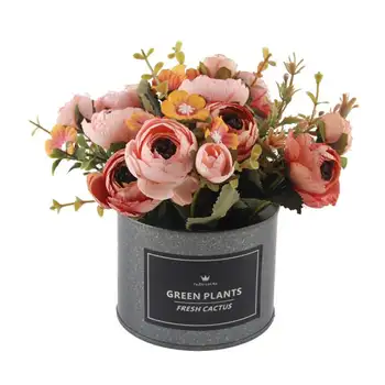 

Artificial Flowers Potted Delicate Silk Hand Made Bud With Iron Flower Pot Silk Fake Flowers For Wedding Home Garden Decoration