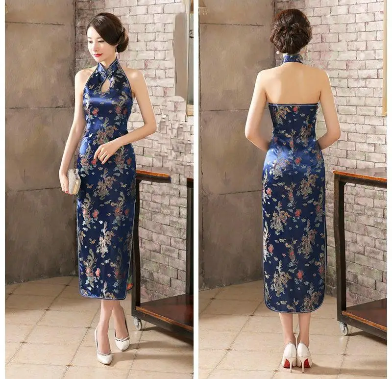 Черный, красный цветочный без спинки леди Qipao Сексуальная атласная Vestido винтажная Кнопка Cheongsam воротник мандарина Новинка сценическое шоу одежда - Цвет: Navy Blue A
