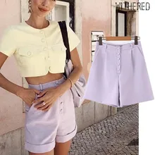 

Dave&Di fashion blogger vintage high waist single breasted purple solid harem shorts women short feminino plus size women short