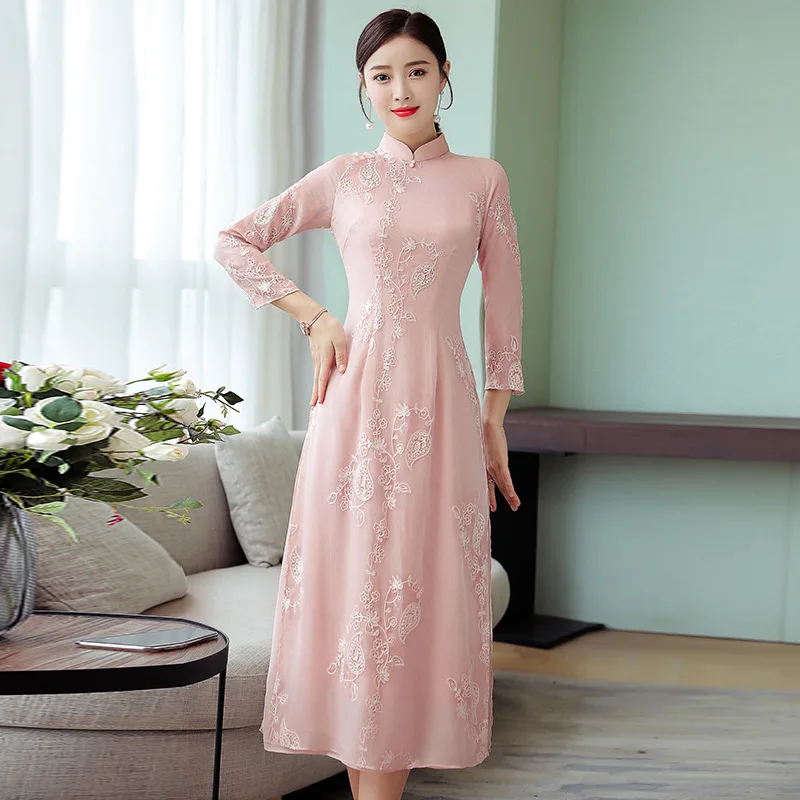 

Photo Shoot 2019 Spring Clothing New Style Women's Improved Embroidery Three-quarter-length Sleeve Slim Fit Chinese-style Cheong