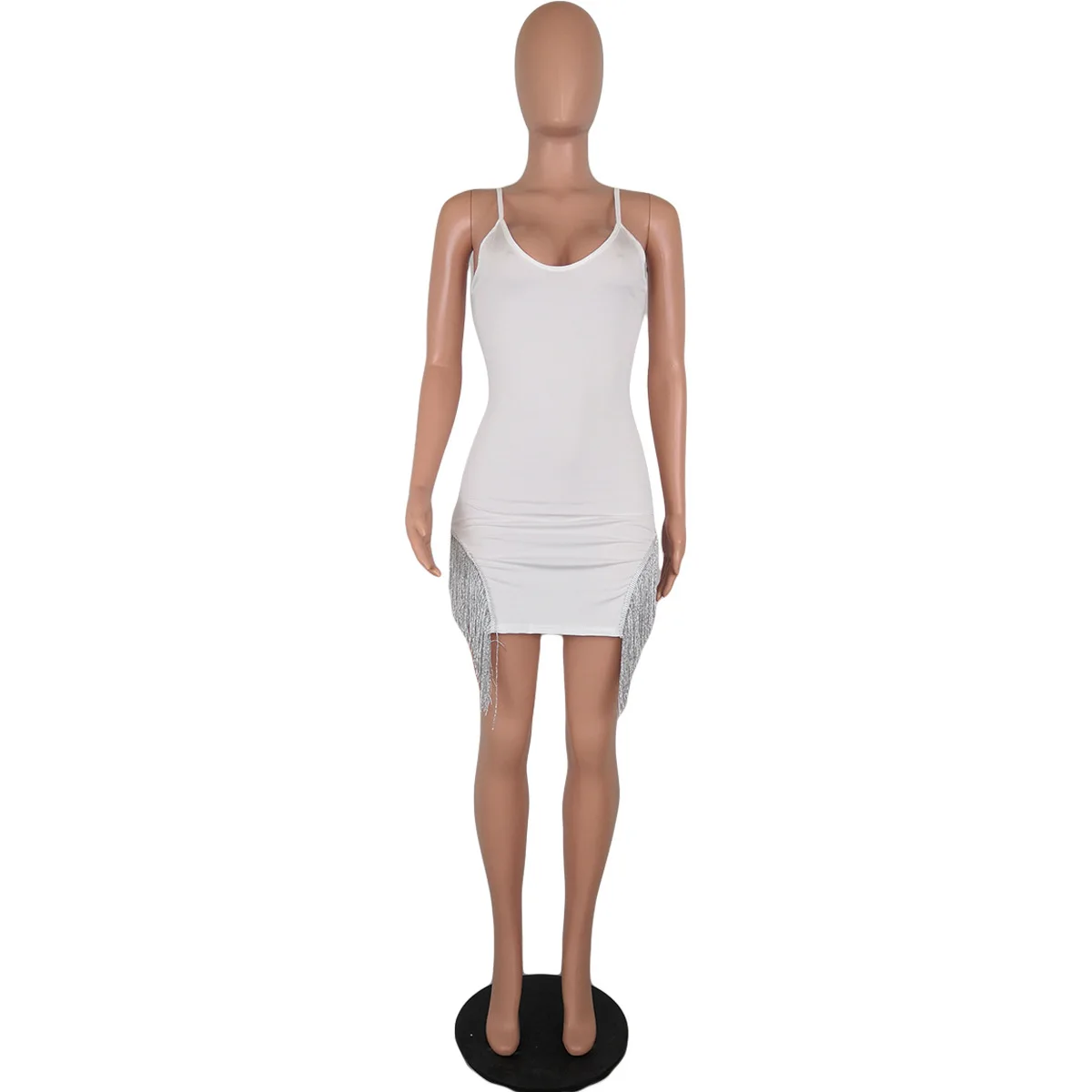HAOYUAN сексуальное платье с кисточками для женщин Vestidos Спагетти ремень Bodycon бахрома Мини платья осень Белый Черный Клубная одежда Вечерние платья - Цвет: White