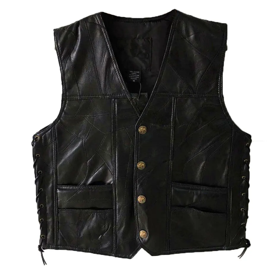 Leather Vests Men Sleeveless Genuine Leather Vest Male Streetwear Punk Pocket Button Black