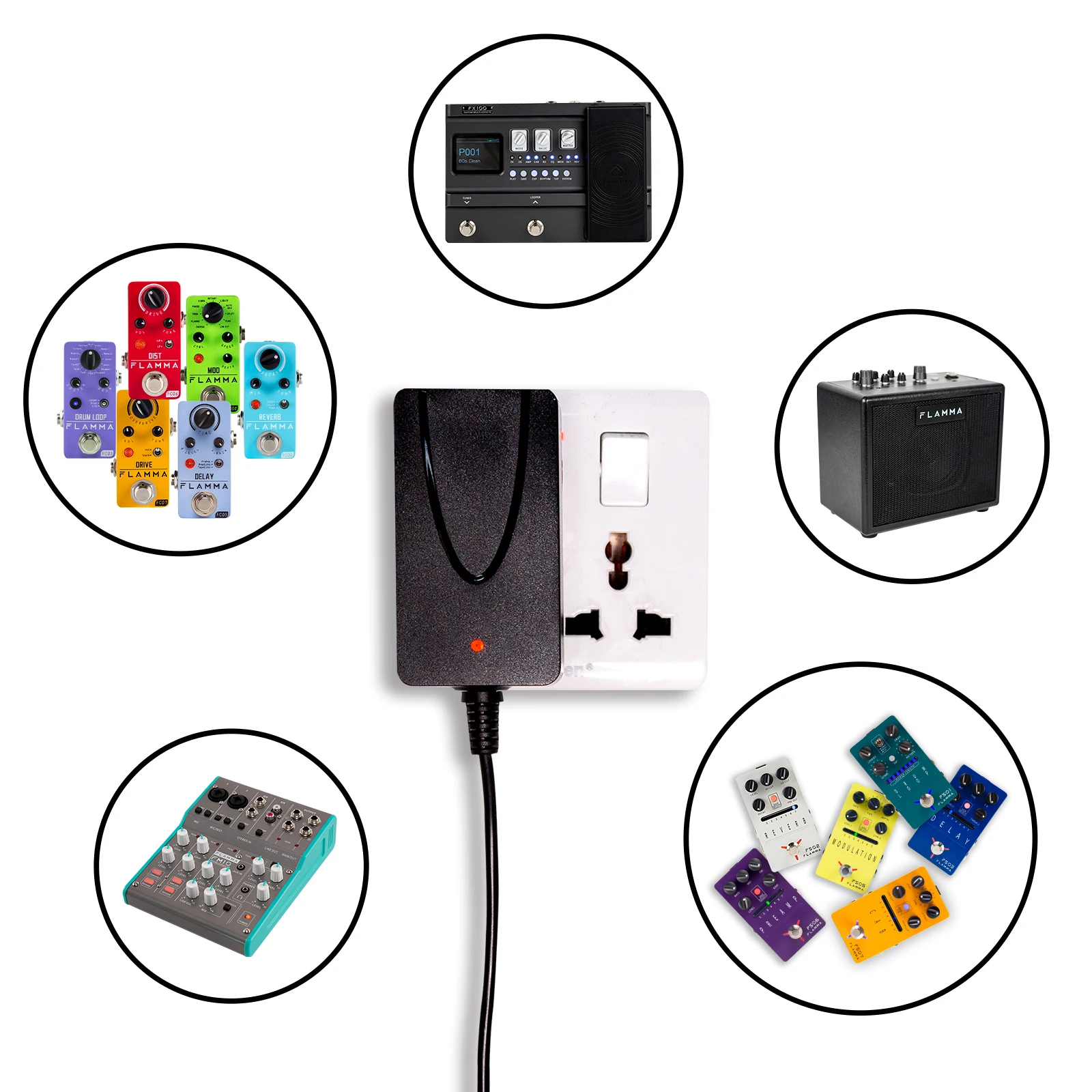 Adaptador de Alimentação Flamma Guitarra Pedal 2a Ponta Negativo 5 Vias Cabos Daisy Fio Corrente 9v dc - Image 6