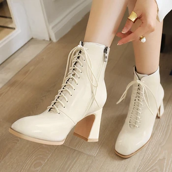 

GIGIFOX Large Sizes 48 Hoof High Heels Fashionable Shoelaces Winter Shoes Woman Office Lady Ankle Boots Female