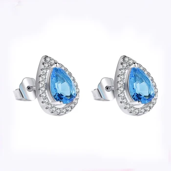 

S925 Sterling Silver Small and Simple Drop Shape Swiss Blue Lady's Hypoallergenic Sapphire Hibiscus Stud earrings for women
