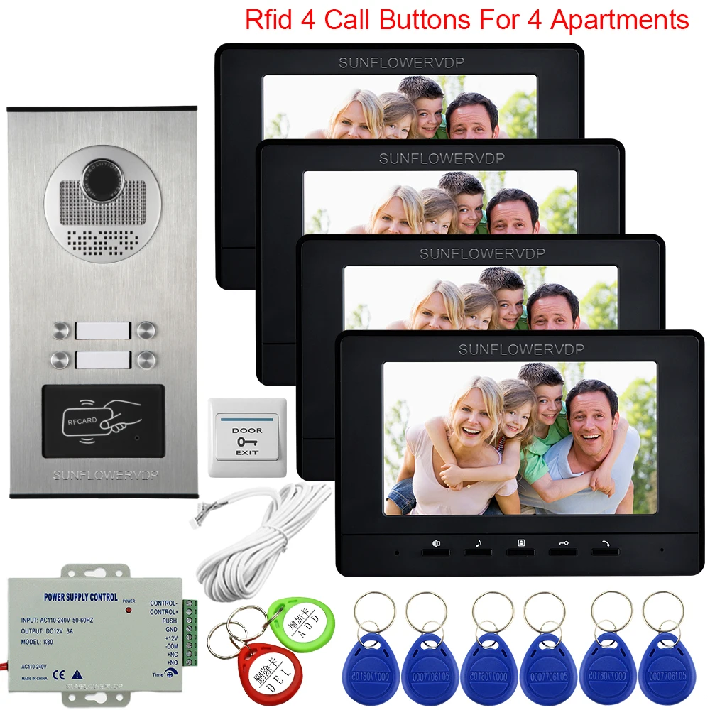 7\ Video Intercom 4 Monitors Monitoring Camera System Outdoor Waterproof Access Control Intercom for a Private House Video Call