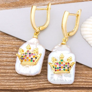 

Classic Crown Charm Natual Freshwater Pearl Delicate Drop Earring Top Quality Copper CZ Jewelry For Lady Girl Party Wedding Gift