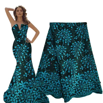 

Dark teal black beaded lace fabric 5 yards african lace fabric 2020 high quality lace wholesale price tulle lace fabric