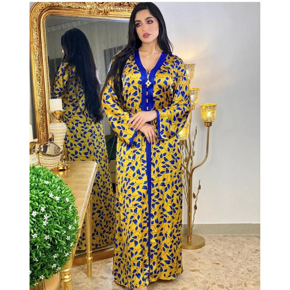 Fashionable Elegant Muslim Robe Ladies Middle East Dubai Turkish Arab Ramadan Dress Floral Long Sleeved Dress New Spring Summe