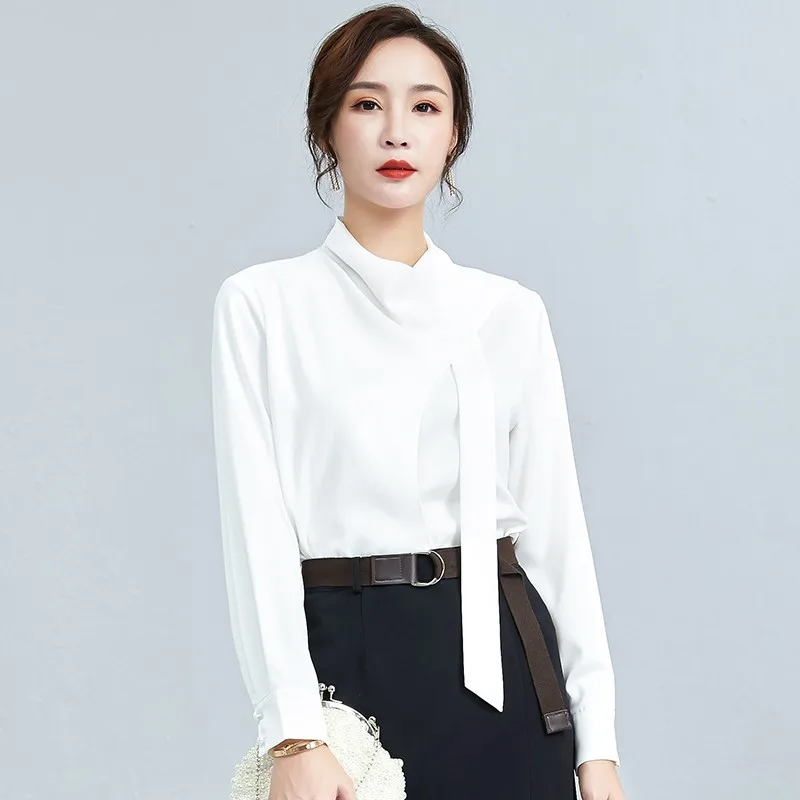 Bow Collar Solid Color Office Lady Blouse Shirt