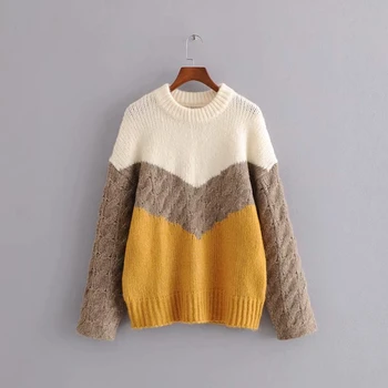 

Pullover Sweater Women Knitted Vintage Sweater Long Sleeve Sweaters Ladies Korean Casual Soft Warm Color Block Sweater Fall 2020