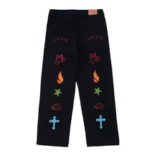 Pantalones vaqueros con bordado de dibujos animados para hombre, Jeans holgados, estilo Hip Hop, ropa de calle informal, moda coreana