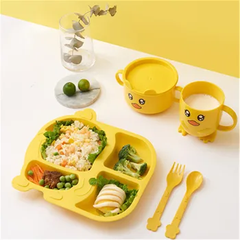 

Yellow Bowl Cup Spoon Fork Dinnerware Set Children Cute Grid Cartoon Dinner Plate Kindergarten Feeding Dishes Tableware Set