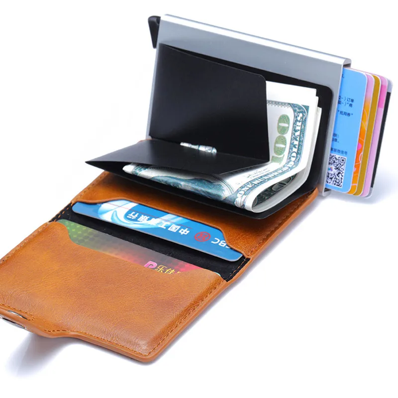 Анти-кражи Автоматическая кредитной карты кошелек для монет, карт Для мужчин алюминиевый кошелёк с задним карманом ID держатель для карт с функцией блокировки RFID мини волшебный кошелек