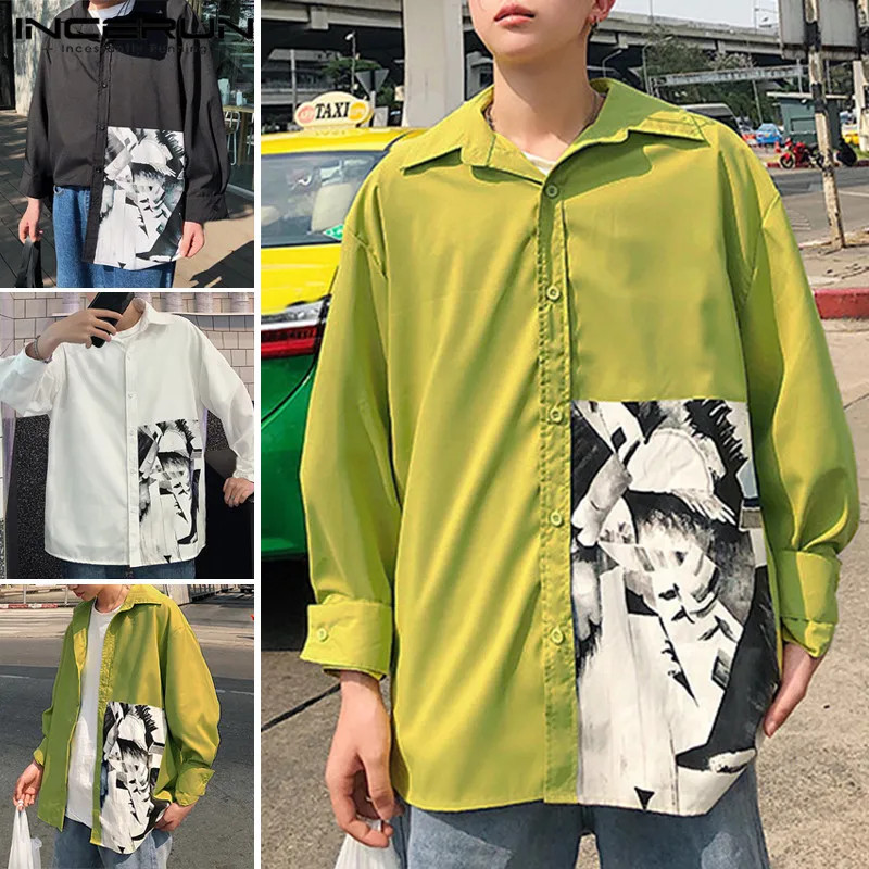 2020 Mens Shirt Long Sleeve Lapel Shirts Man Floral Print Chic Baggy Blouse Streetwear Loose Black Button Camisa Plus Size