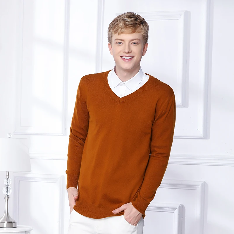 V-Neck Caramel Осенне-зимний повседневный мужской кашемировый шерстяной вязаный свитер мужской s Модный v-образный вырез/Круглый вырез сплошной цвет длинный рукав Пуловеры Топы 3XL - Цвет: V-Neck Caramel
