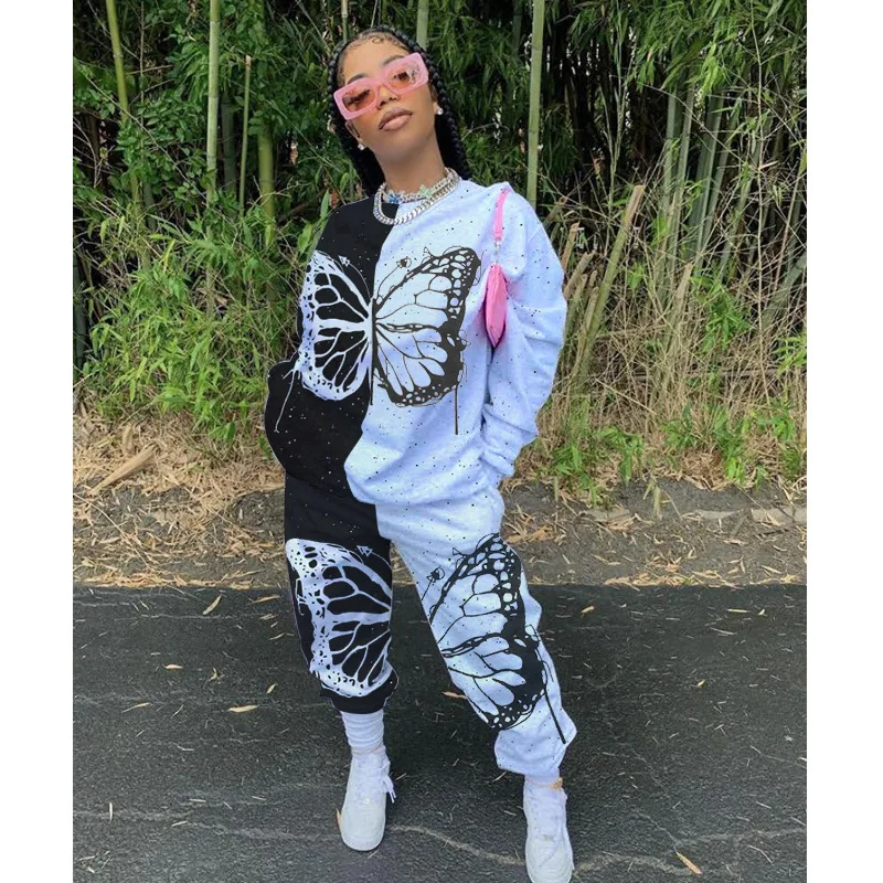 

2020 Autumn Women Two Piece Set Butterfly Print Loose Tops + Pants Set Long Sleeve Womens Outfits Sweatsuit Women Sets Clothes