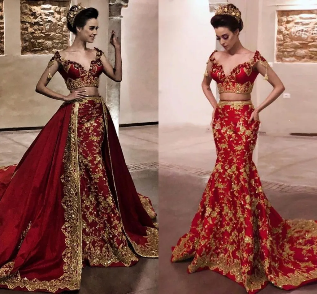 Lace Applique Indian Mermaid Wedding Dresses Remove Train Two Pieces Gold  Lace Burgundy Arabic Bridal Gown Robe De Soirée - Wedding Dresses -  AliExpress