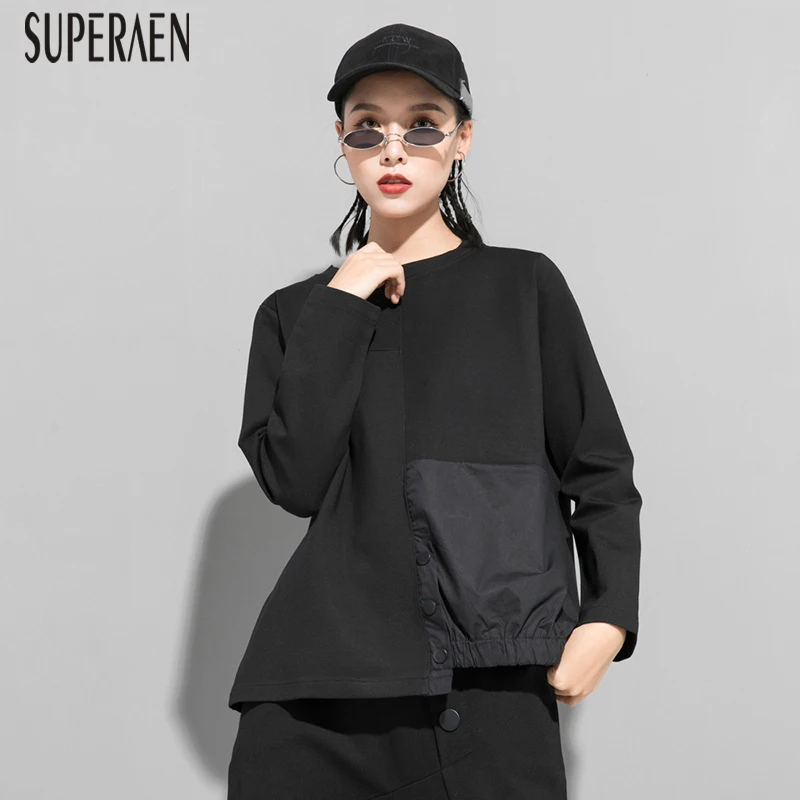 SuperAen, европейские женские футболки, осень и зима, новые дикие хлопковые повседневные женские футболки с круглым вырезом, модные топы для женщин