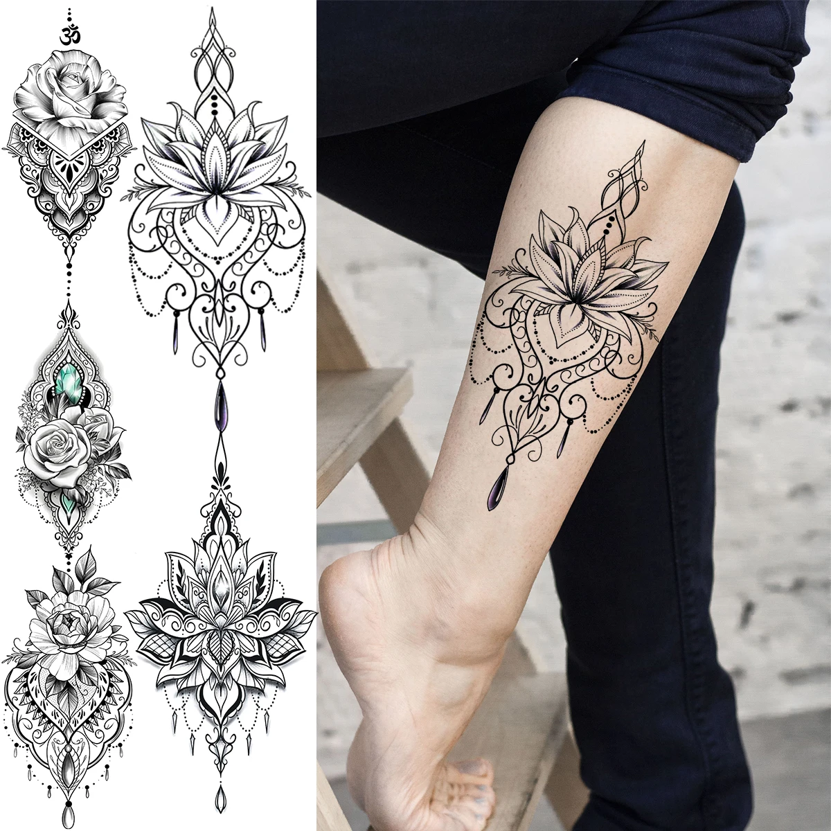 Tatouage Mollet Femme Fleur De Lotus Pendentif Lotus Noir 3d, Tatouages Temporaires Pour Femmes, Fille Adulte,  Fleur Rose, Bijoux, Faux Tatouage Bras Mollet, À La Mode, Étanche -  Temporaire Tatouages - AliExpress