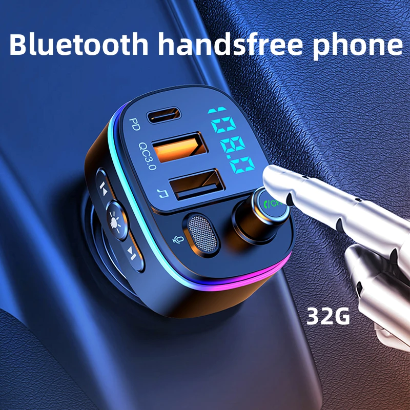 Car Bluetooth 5.0 FM Transmitter Car MP3 Player U Disk Music Car Charger Type-C PD QC3.0 Fast Charging 7 Color Ambient Light_voghion.com