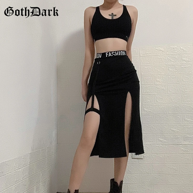 Goth Dark Gothic High Waist Black Midi Dress Y2k Grunge Patchwork Elastic Slit Hem A-line Midi Skirts Women Autumn Streetwear