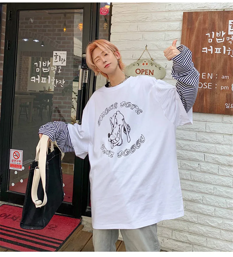 Harajuku футболка уличная хип хоп Осенние футболки Мужская Женская Повседневная футболка Свободная футболка с длинными рукавами футболка с принтом японской собаки