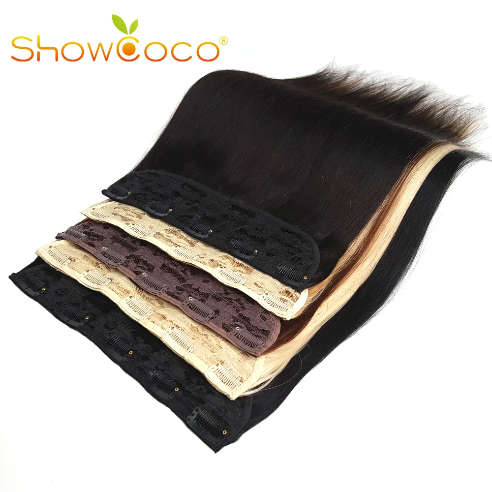 ShowCoco-extensiones de cabello humano de una pieza con Clip, Clips de cabello rectos de 80G 120G 160G, hecho a máquina cabello Natural Remy, 5 Clips Ins para mujeres