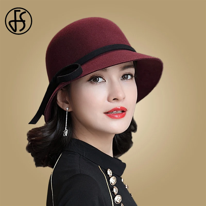 Purplish Red FS элегантная шерстяная фетровая шляпа Боулер Дерби фетровая шляпа для женщин формальный бант Клош шляпа винтажные черные красные вечерние свадебные шляпы для похода в церковь - Цвет: Purplish Red