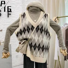 A16 длинный Алмазный вязаный жилет женский зимний Корейский свободный без рукавов v-образный вырез свитер жилет