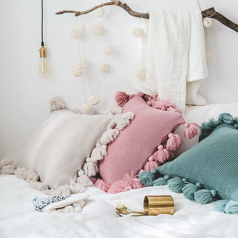 Knitted Tassels Cushion Cover Solid Color Square Pillow Case Decor Throw Soft For Room Sofa Bed | Дом и сад