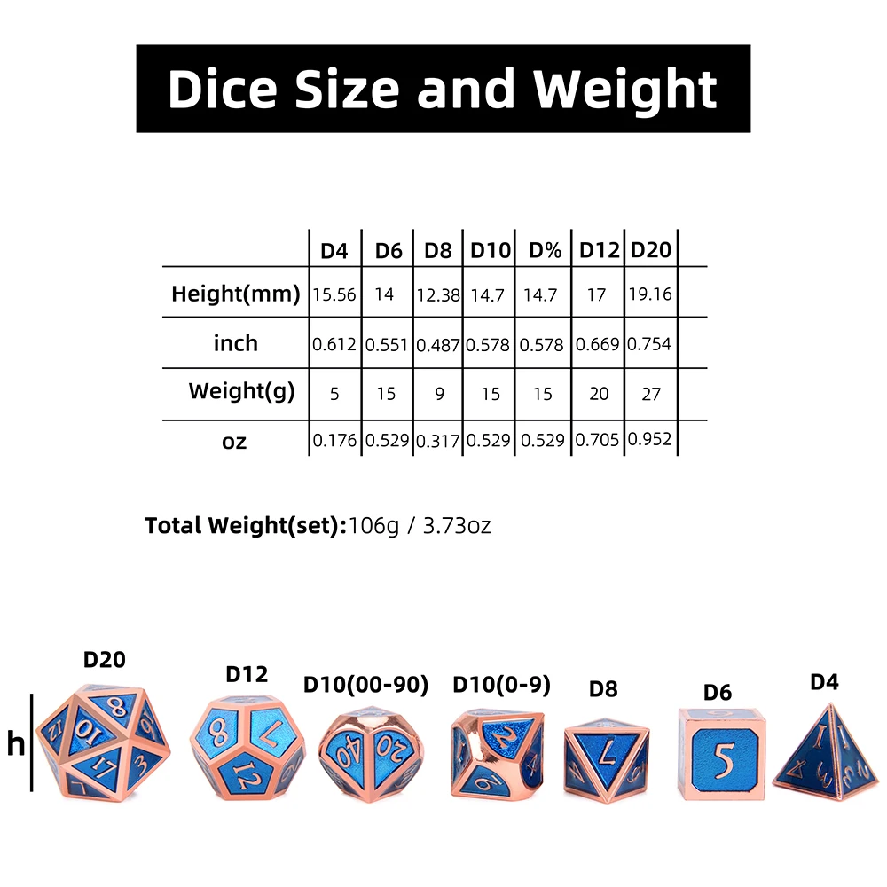 Koop Set van 7 Metalen Dobbelstenen met Zwarte Koord Dobbelstenen Zak voor Tafelblad RPGs D4 D6 D8 D10 D % D12 d20