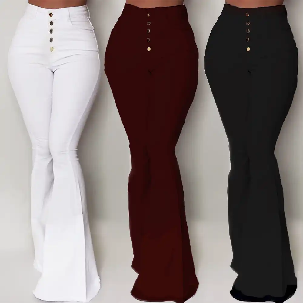 Goocheer White Bell Bottom Pants Women Button High Waist Flare